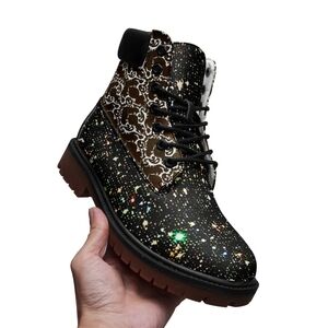 Black and Brown Combat Moto Boots with Glitter Finish